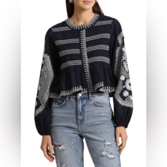 7 For All Mankind Jackets & Blazers - NWT💥Navy Embroidered puff sleeve Women's Jacket, small